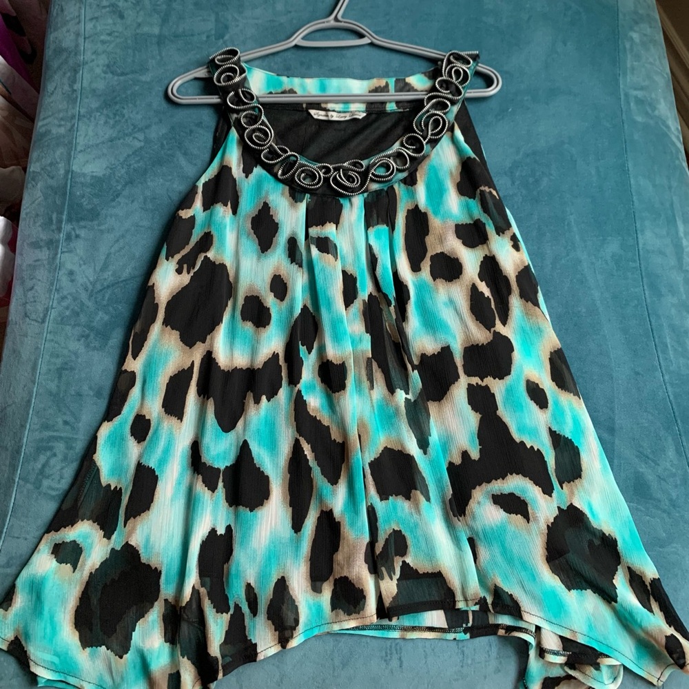 Signature by Larry Levine Teal Black and Cream Animal Print Halter Tank